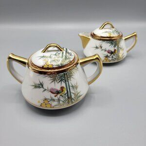 Vtg Japanese Kutani Eggshell Porcelain Creamer & Sugar Bowl Set Birds Bamboo